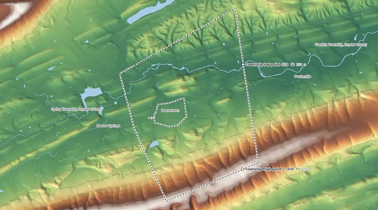 Topographic elevation map of Beaver Township, Snyder County, Pennsylvania, shaded from 520 ft on the northeast side to 2,090 ft on the southeast side