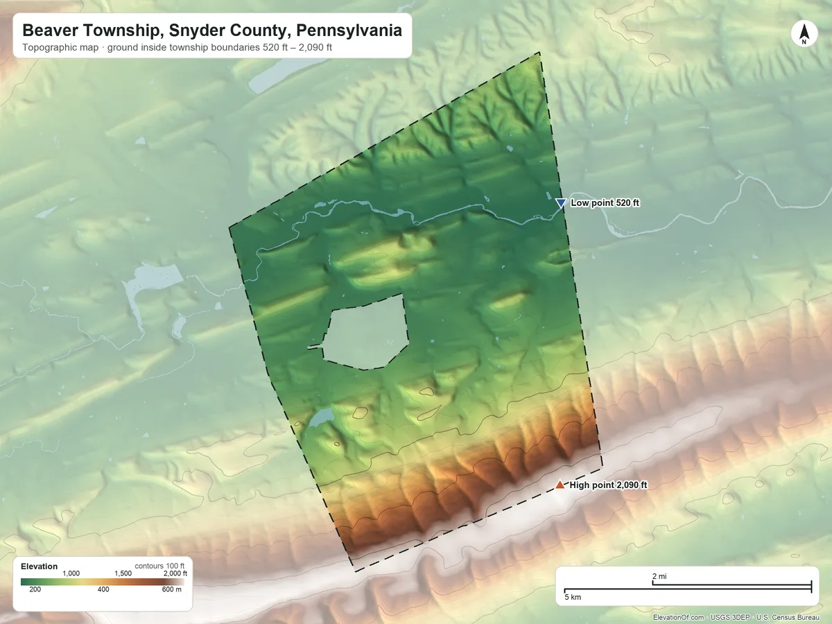 Topographic elevation map of Beaver Township, Snyder County, Pennsylvania, shaded from 520 ft on the northeast side to 2,090 ft on the southeast side