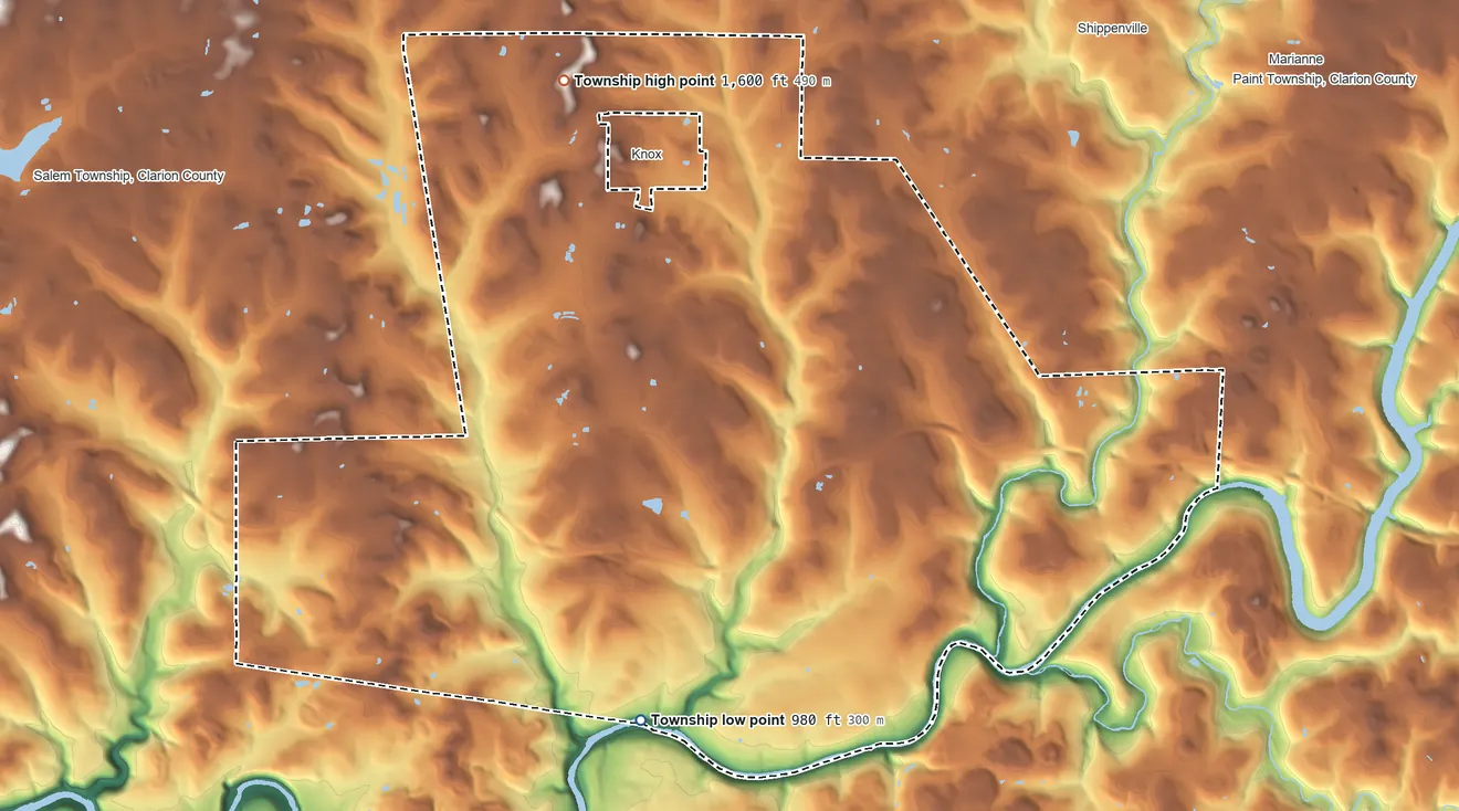 Topographic elevation map of Beaver Township, Pennsylvania, shaded from 980 ft on the south side to 1,600 ft on the north side