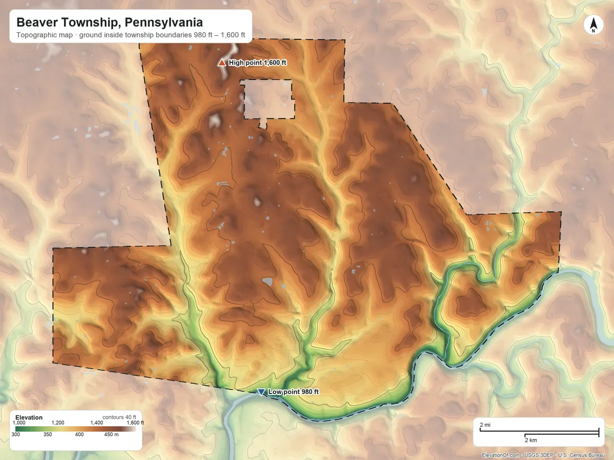 Topographic elevation map of Beaver Township, Pennsylvania, shaded from 980 ft on the south side to 1,600 ft on the north side