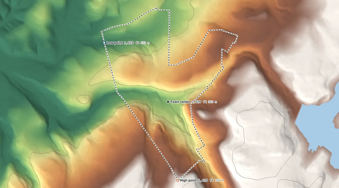 Topographic elevation map of Beaverdale, Pennsylvania, shaded from 1,820 ft on the northwest side to 2,410 ft on the south side