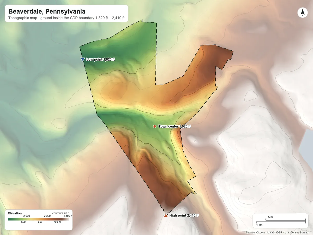 Topographic elevation map of Beaverdale, Pennsylvania, shaded from 1,820 ft on the northwest side to 2,410 ft on the south side