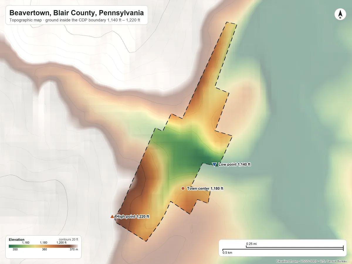Topographic elevation map of Beavertown, Blair County, Pennsylvania, shaded from 1,140 ft on the northeast side to 1,220 ft at the foot of the Tussey Mountain