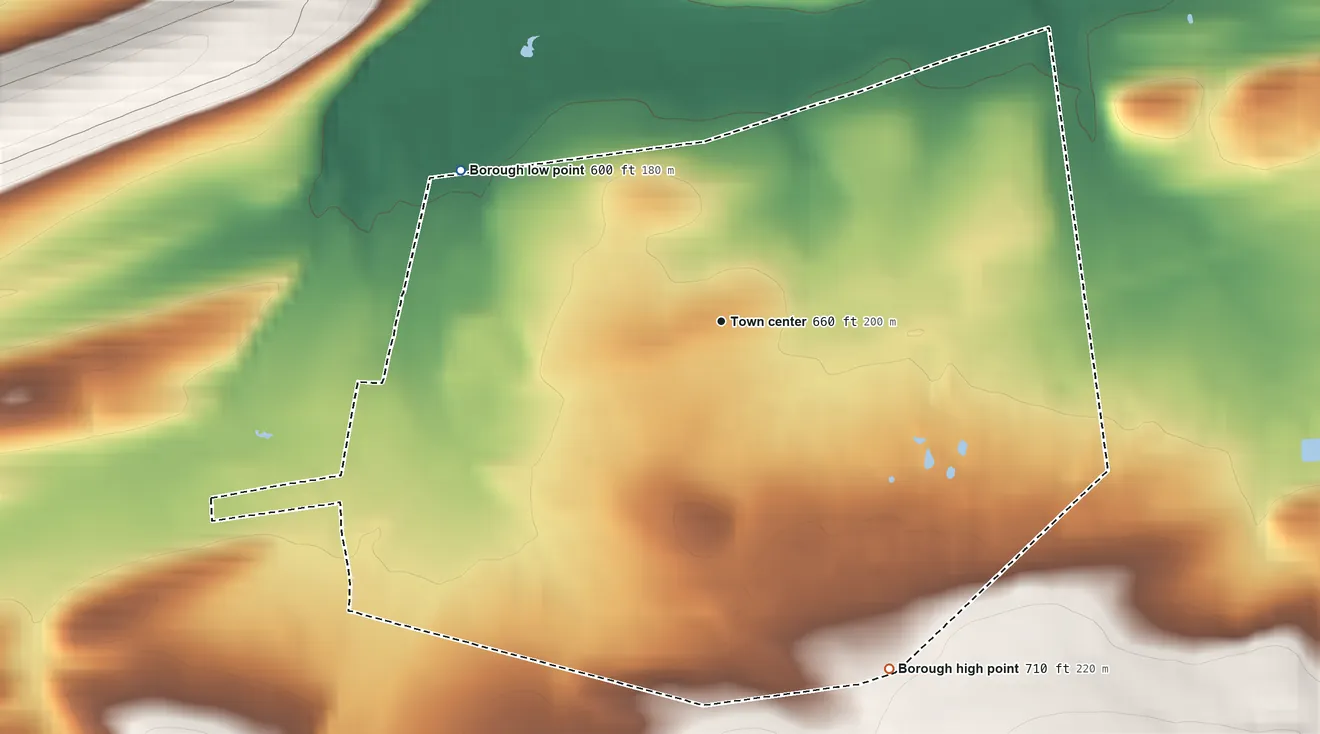 Topographic elevation map of Beavertown, Pennsylvania, shaded from 600 ft on the northwest side to 710 ft on the southeast edge, below higher ground just outside