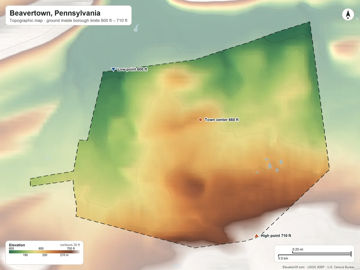 Topographic elevation map of Beavertown, Pennsylvania, shaded from 600 ft on the northwest side to 710 ft on the southeast edge, below higher ground just outside