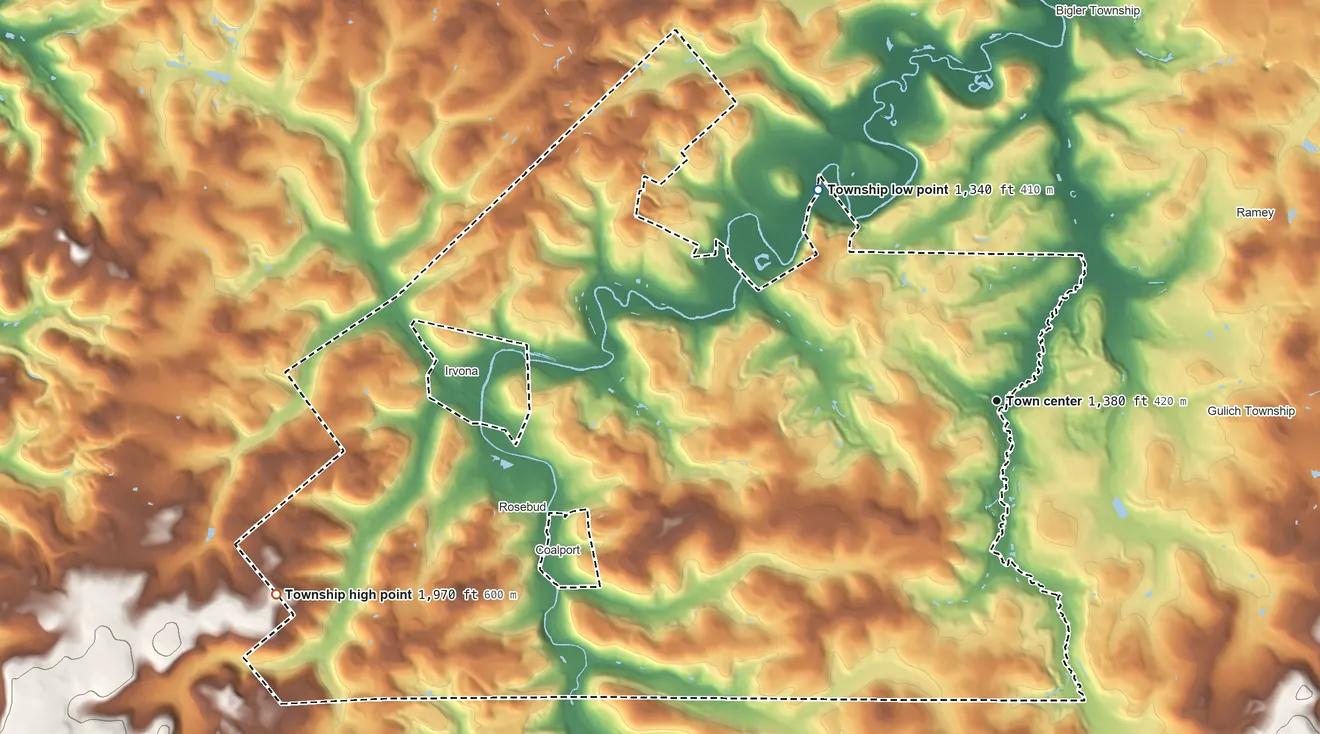 Topographic elevation map of Beccaria Township, Pennsylvania, shaded from 1,340 ft on the northwest side to 1,970 ft on the west side