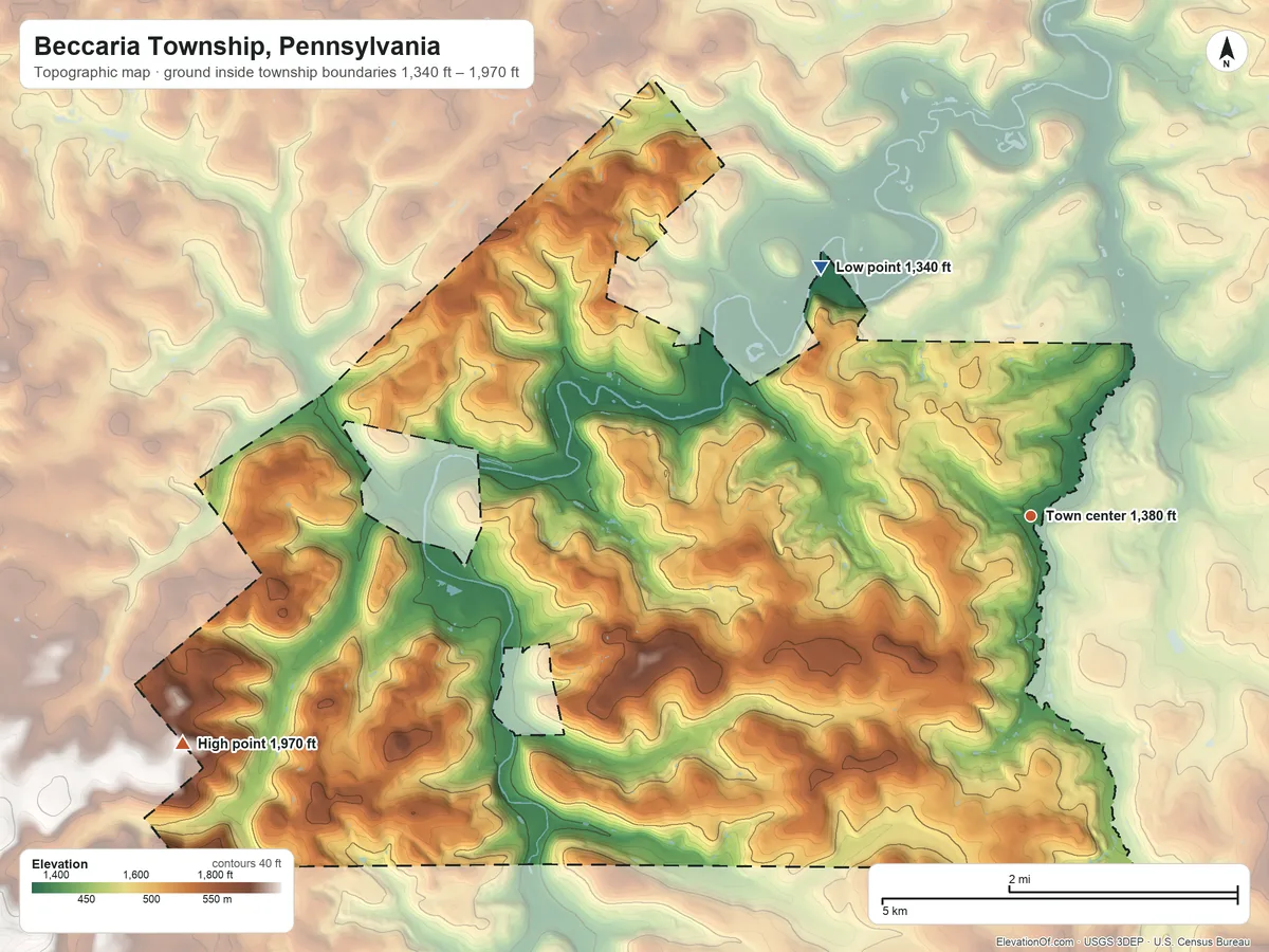 Topographic elevation map of Beccaria Township, Pennsylvania, shaded from 1,340 ft on the northwest side to 1,970 ft on the west side