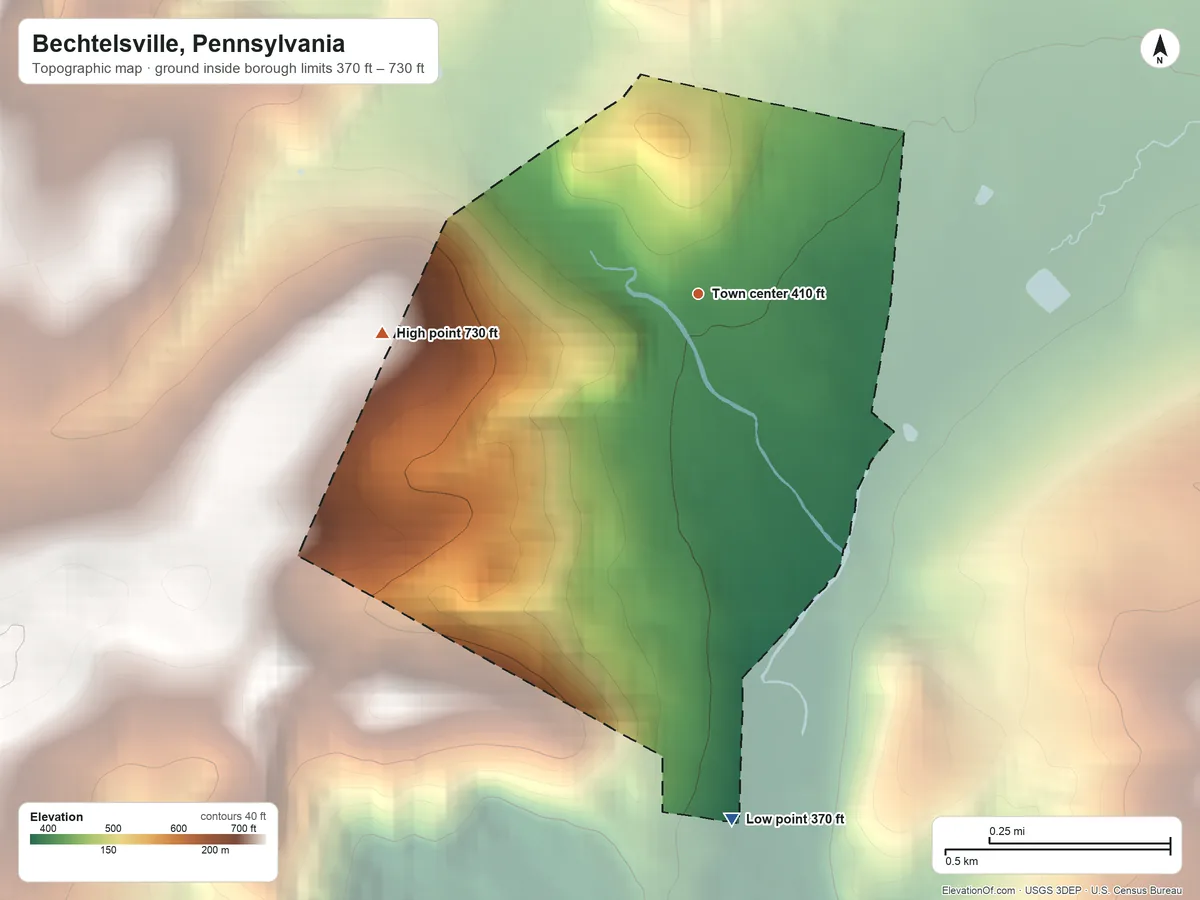 Topographic elevation map of Bechtelsville, Pennsylvania, shaded from 370 ft on the south side to 730 ft on the west edge, below higher ground just outside