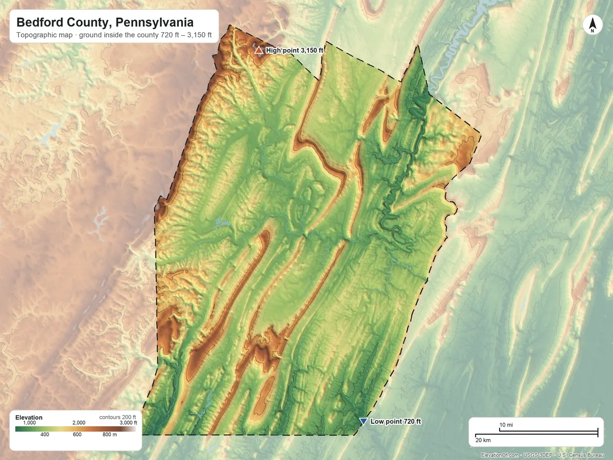 Topographic elevation map of Bedford County, Pennsylvania, shaded from 720 ft on the south side to 3,150 ft on Blue Knob