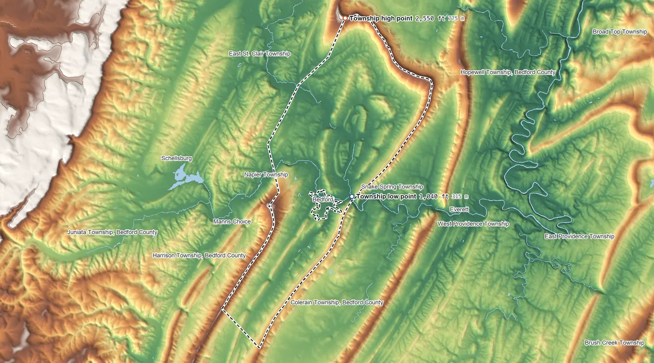 Topographic elevation map of Bedford Township, Pennsylvania, shaded from 1,040 ft on the southeast side to 2,550 ft on the north side
