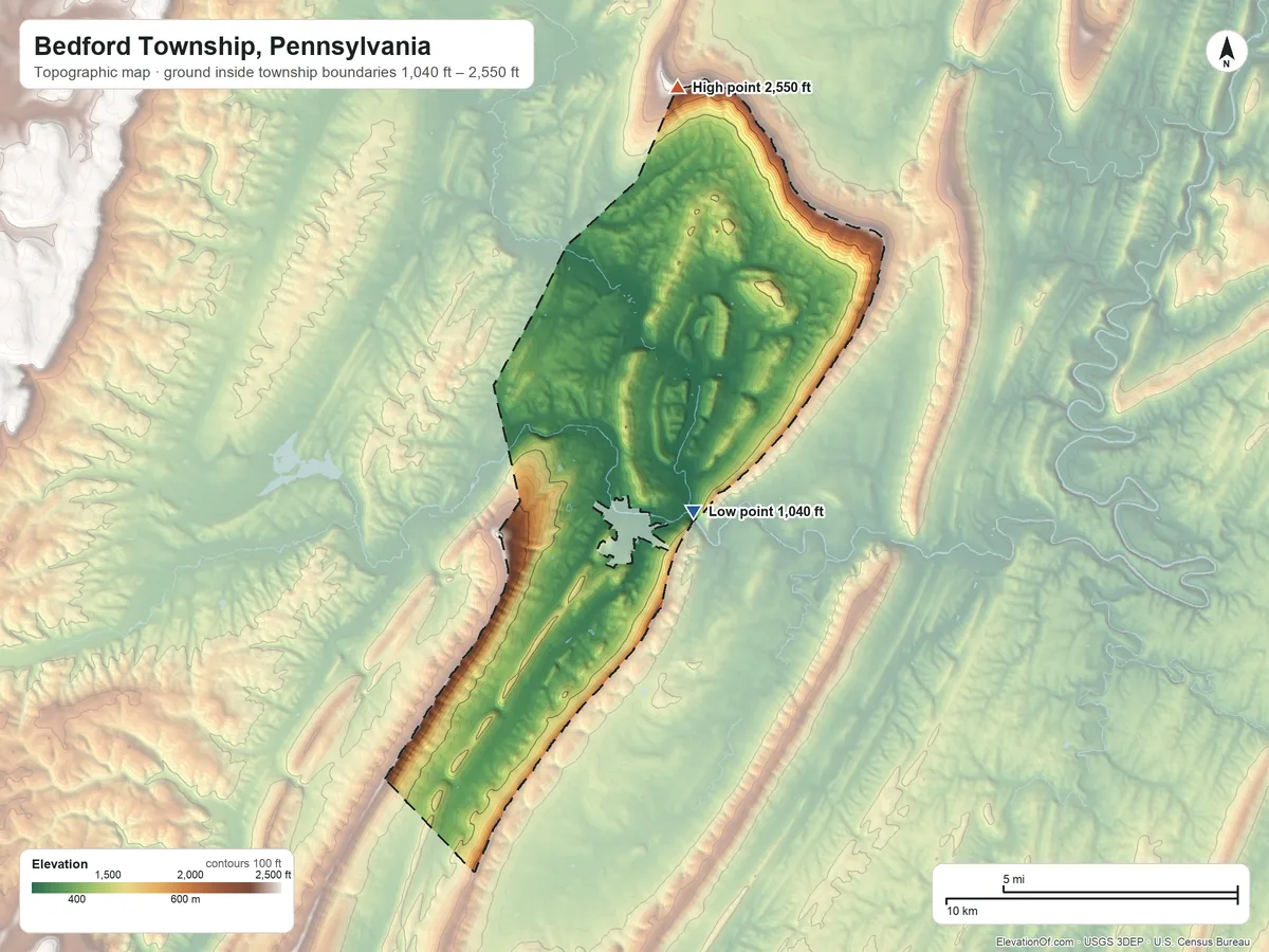 Topographic elevation map of Bedford Township, Pennsylvania, shaded from 1,040 ft on the southeast side to 2,550 ft on the north side