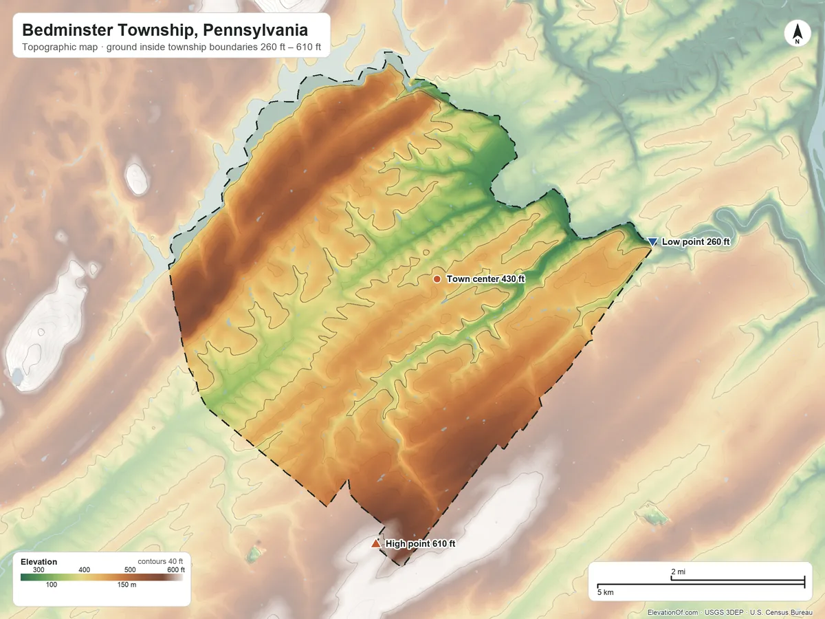 Topographic elevation map of Bedminster Township, Pennsylvania, shaded from 260 ft on the east side to 610 ft on the south side