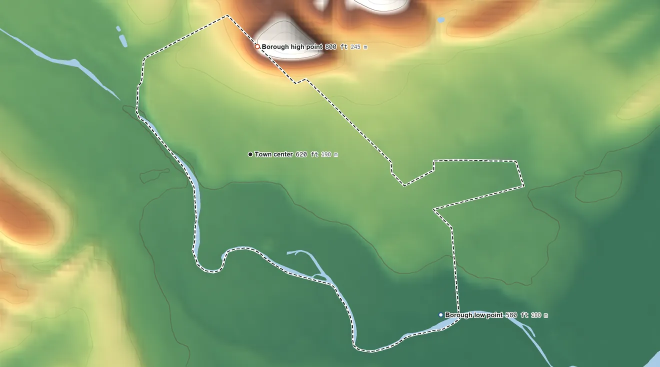 Topographic elevation map of Beech Creek, Pennsylvania, shaded from 580 ft on the southeast side to 800 ft on the north edge, below higher ground just outside