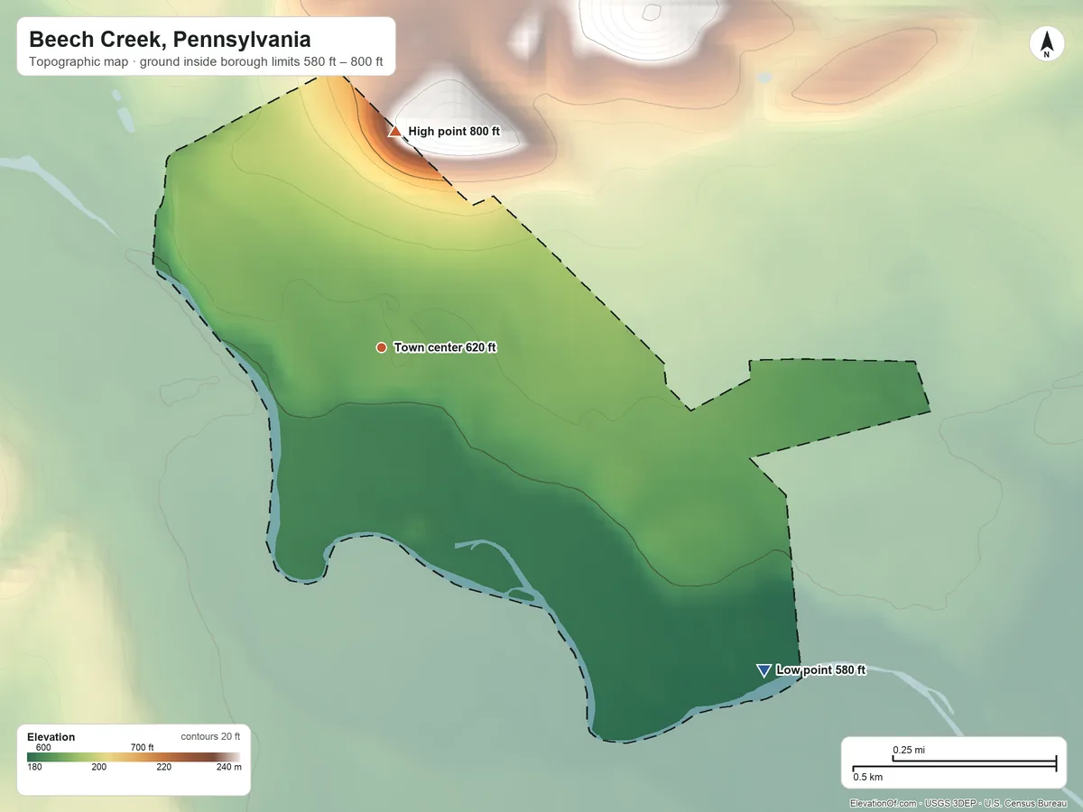Topographic elevation map of Beech Creek, Pennsylvania, shaded from 580 ft on the southeast side to 800 ft on the north edge, below higher ground just outside
