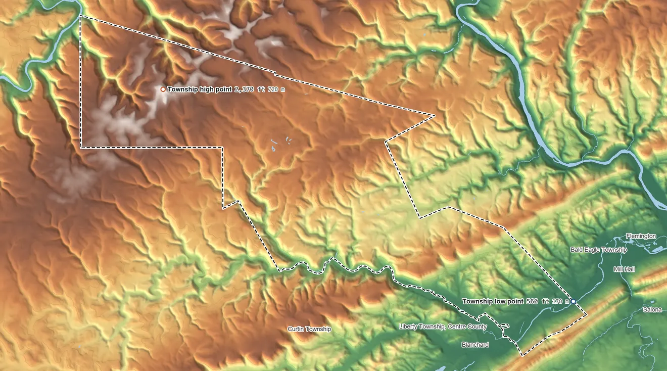 Topographic elevation map of Beech Creek Township, Pennsylvania, shaded from 560 ft on the east side to 2,370 ft on the northwest side