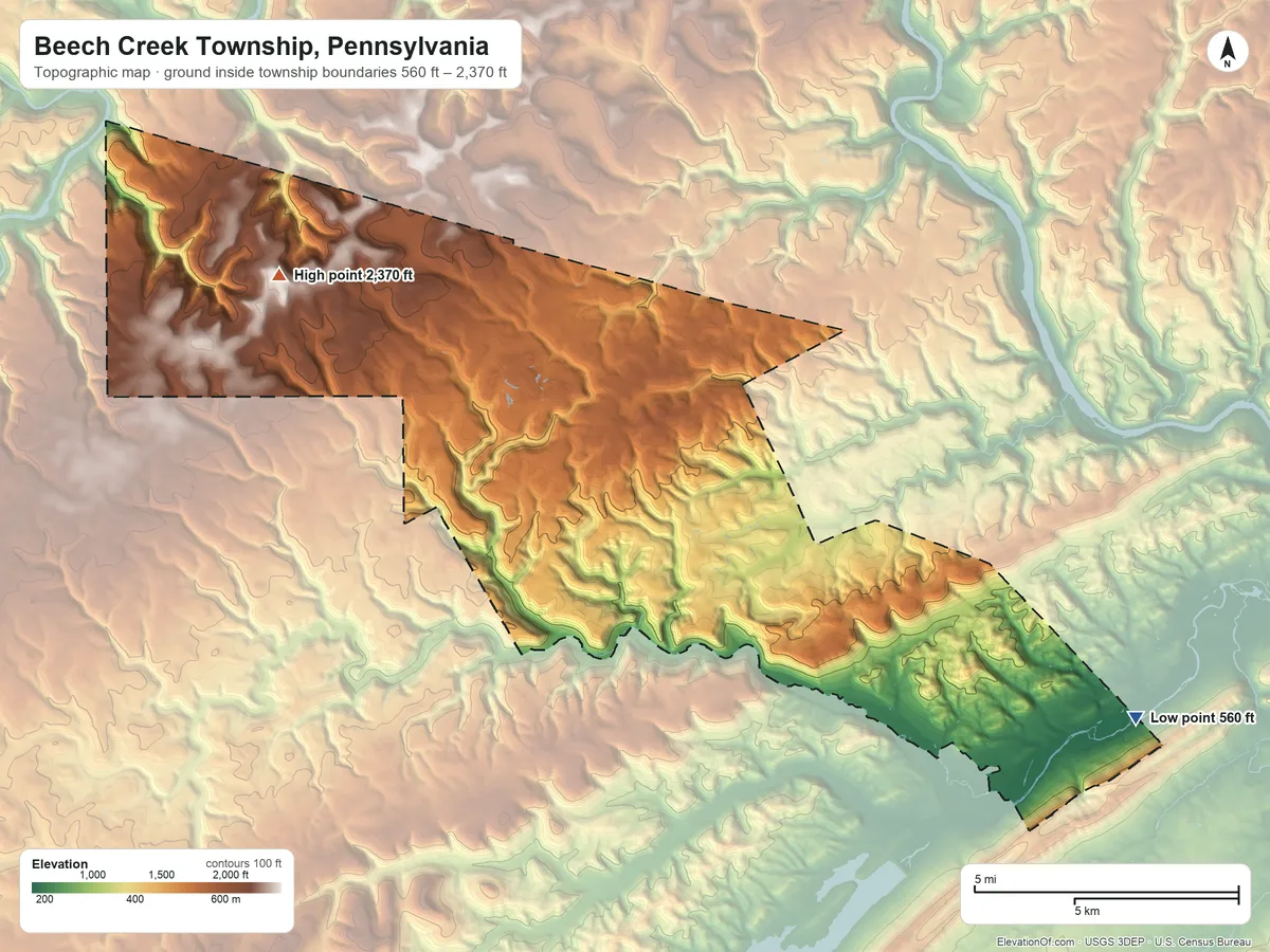Topographic elevation map of Beech Creek Township, Pennsylvania, shaded from 560 ft on the east side to 2,370 ft on the northwest side