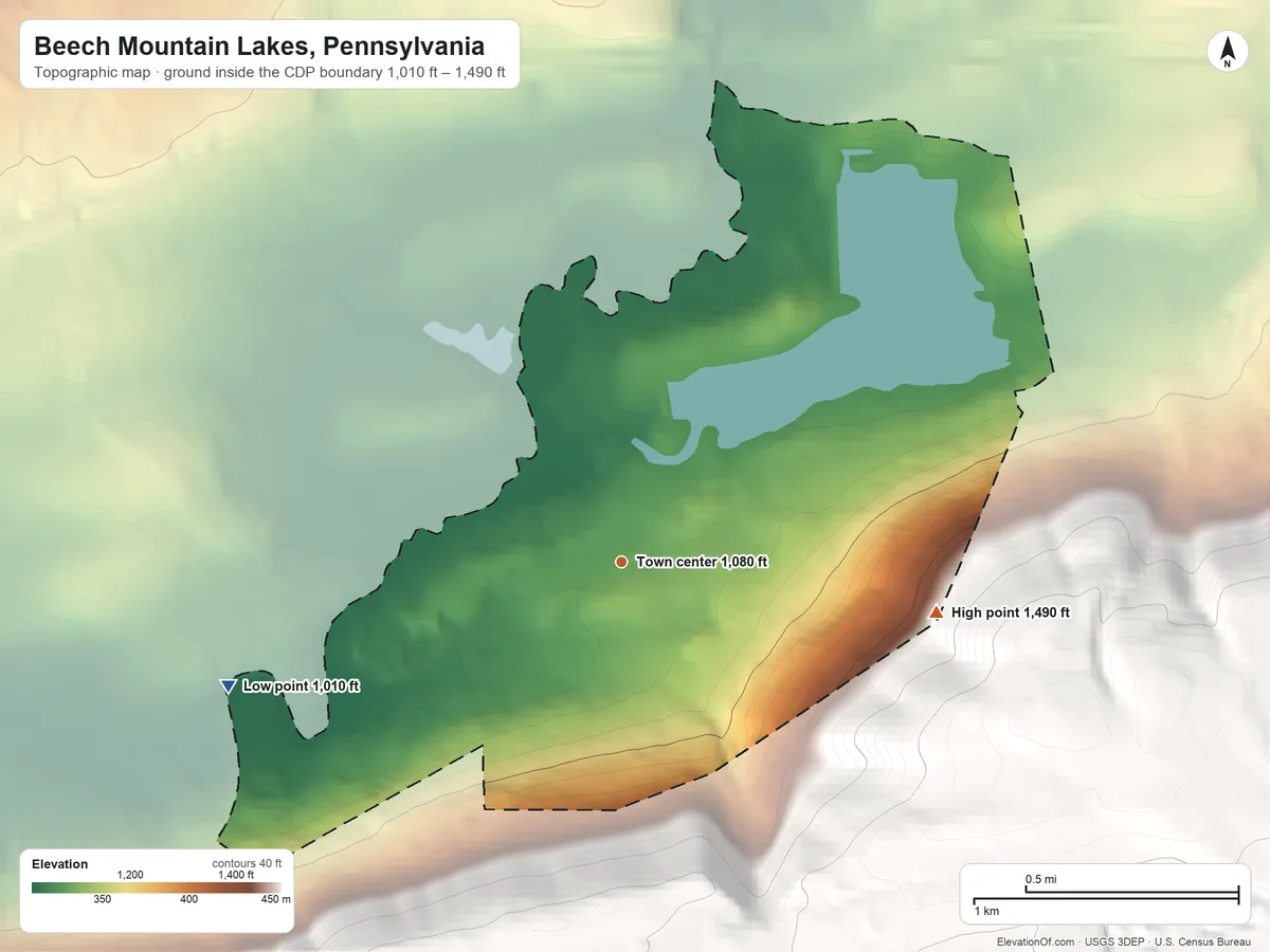 Topographic elevation map of Beech Mountain Lakes, Pennsylvania, shaded from 1,010 ft on the west side to 1,490 ft on the east edge, below higher ground just outside