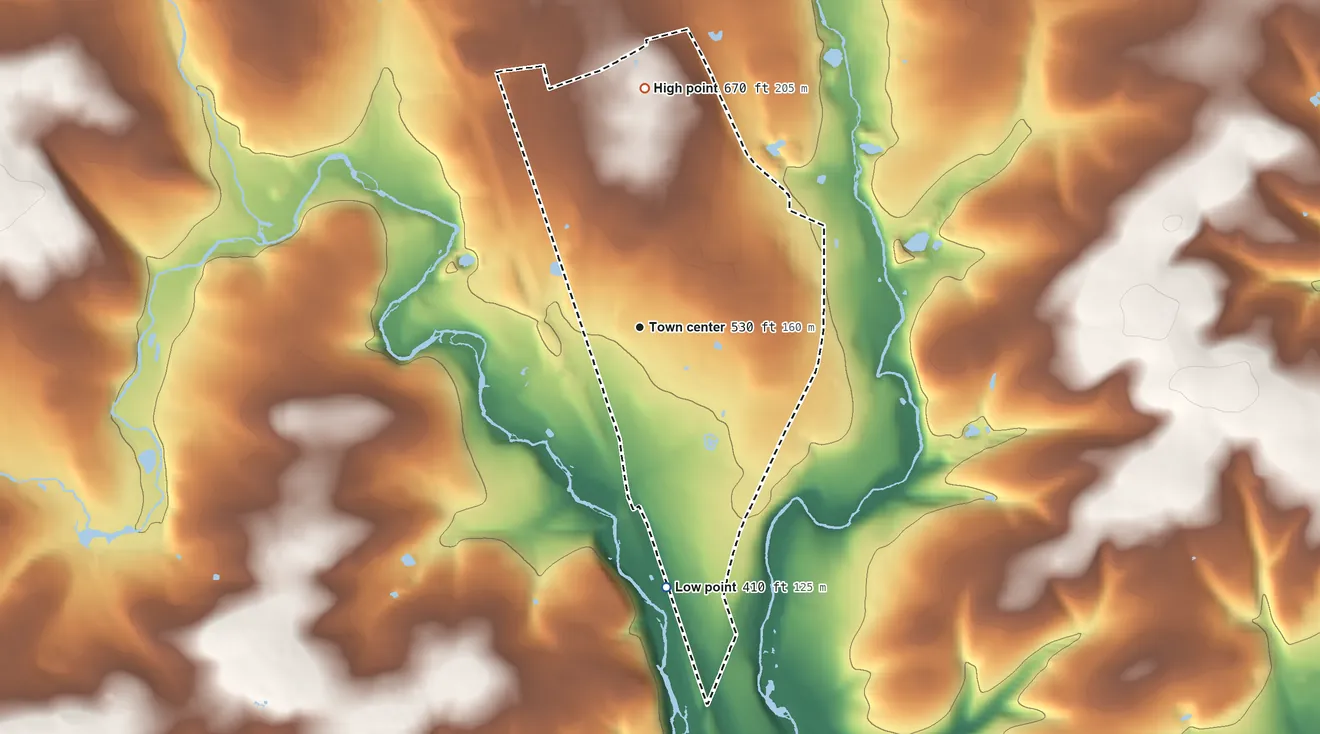 Topographic elevation map of Belfast, Pennsylvania, shaded from 410 ft on the south side to 670 ft on the north side