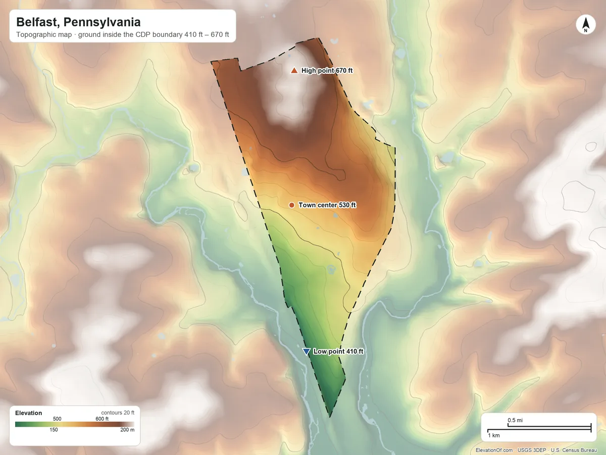 Topographic elevation map of Belfast, Pennsylvania, shaded from 410 ft on the south side to 670 ft on the north side