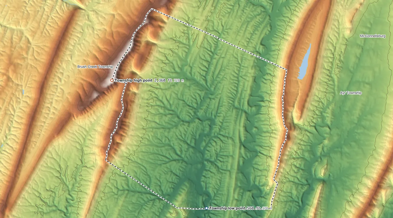 Topographic elevation map of Belfast Township, Pennsylvania, shaded from 560 ft on the south side to 2,360 ft on the northwest side