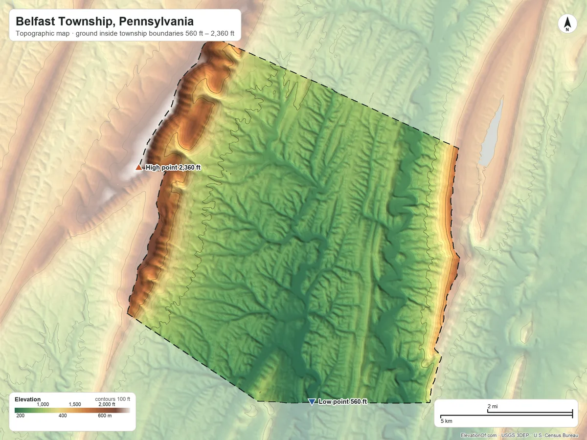 Topographic elevation map of Belfast Township, Pennsylvania, shaded from 560 ft on the south side to 2,360 ft on the northwest side