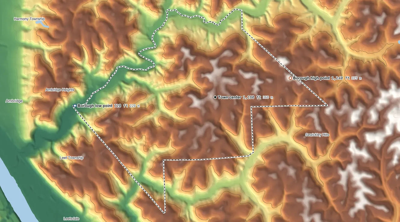 Topographic elevation map of Bell Acres, Pennsylvania, shaded from 720 ft on the west side to 1,240 ft on the east side