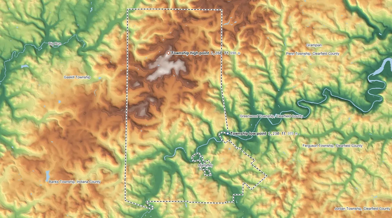 Topographic elevation map of Bell Township, Clearfield County, Pennsylvania, shaded from 1,230 ft on the east side to 2,260 ft on the north side