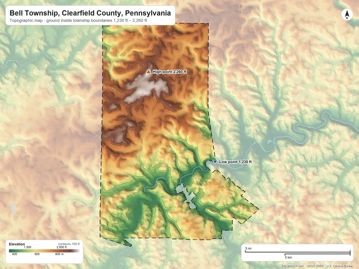 Topographic elevation map of Bell Township, Clearfield County, Pennsylvania, shaded from 1,230 ft on the east side to 2,260 ft on the north side