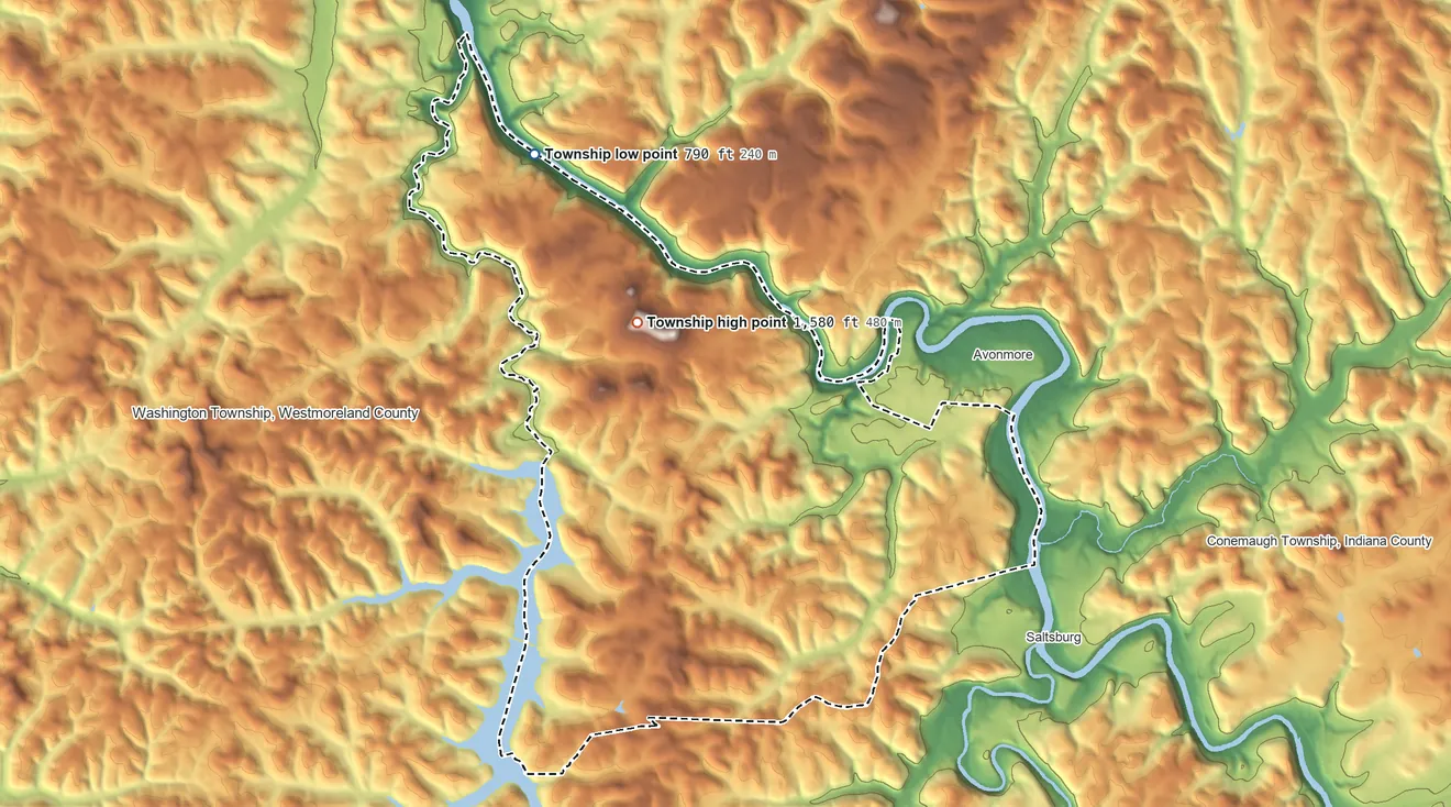 Topographic elevation map of Bell Township, Pennsylvania, shaded from 790 ft on the northwest side to 1,580 ft on the north side
