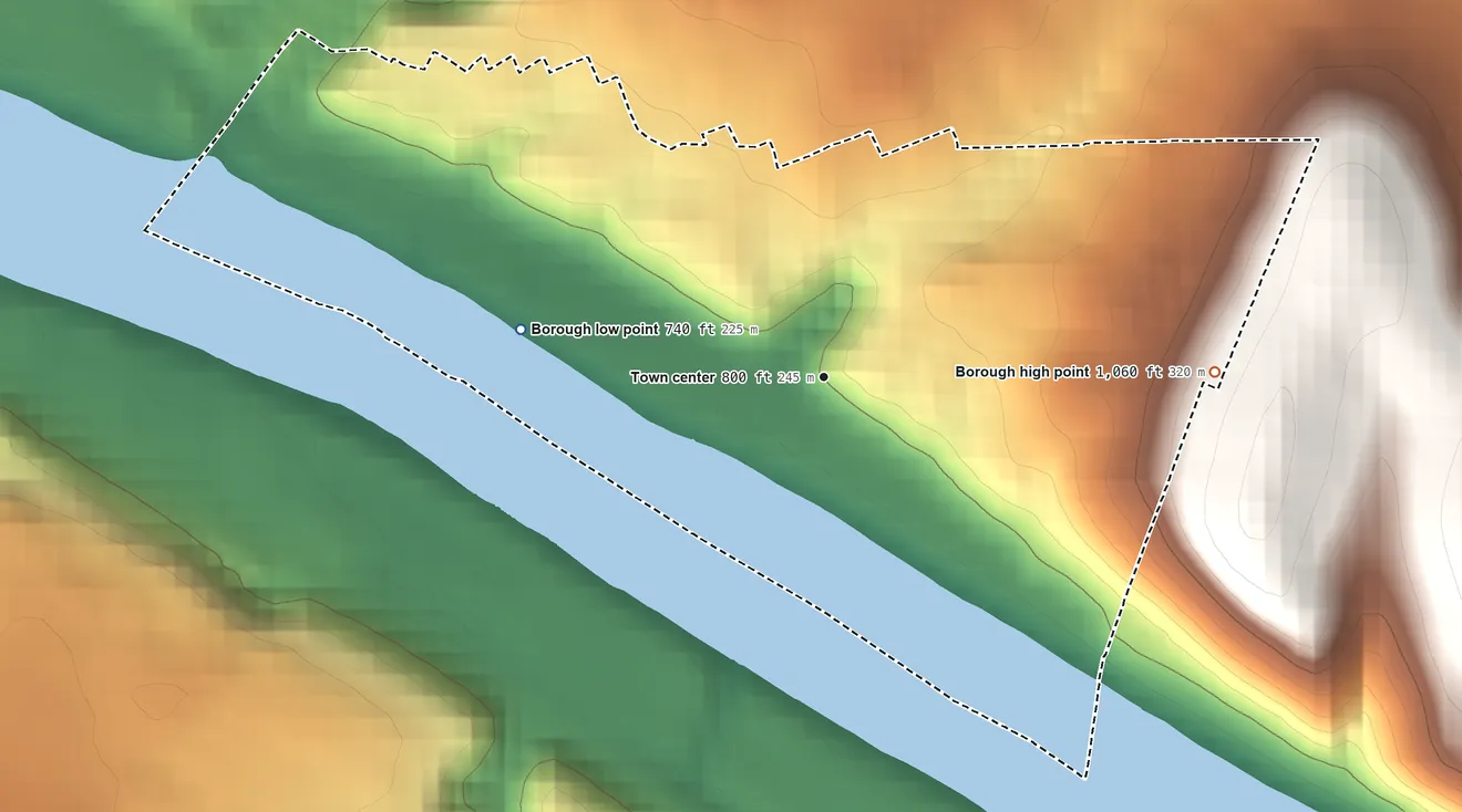 Topographic elevation map of Belle Vernon, Pennsylvania, shaded from 740 ft on the west side to 1,060 ft on the east side