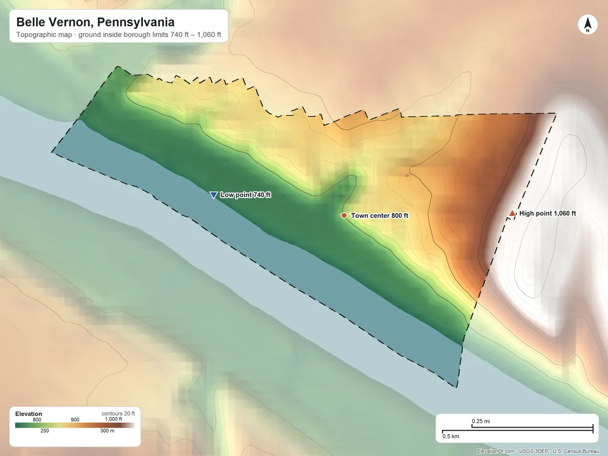 Topographic elevation map of Belle Vernon, Pennsylvania, shaded from 740 ft on the west side to 1,060 ft on the east side