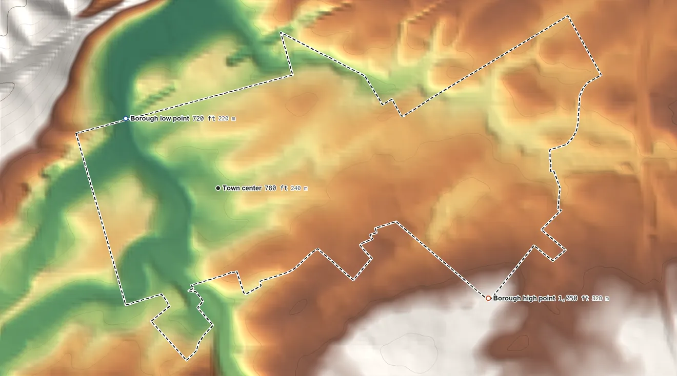 Topographic elevation map of Bellefonte, Pennsylvania, shaded from 720 ft on the northwest side to 1,050 ft on the east edge, below higher ground just outside