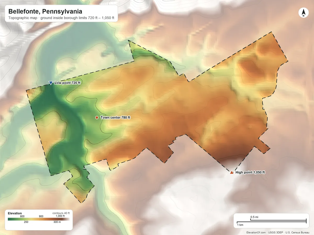 Topographic elevation map of Bellefonte, Pennsylvania, shaded from 720 ft on the northwest side to 1,050 ft on the east edge, below higher ground just outside