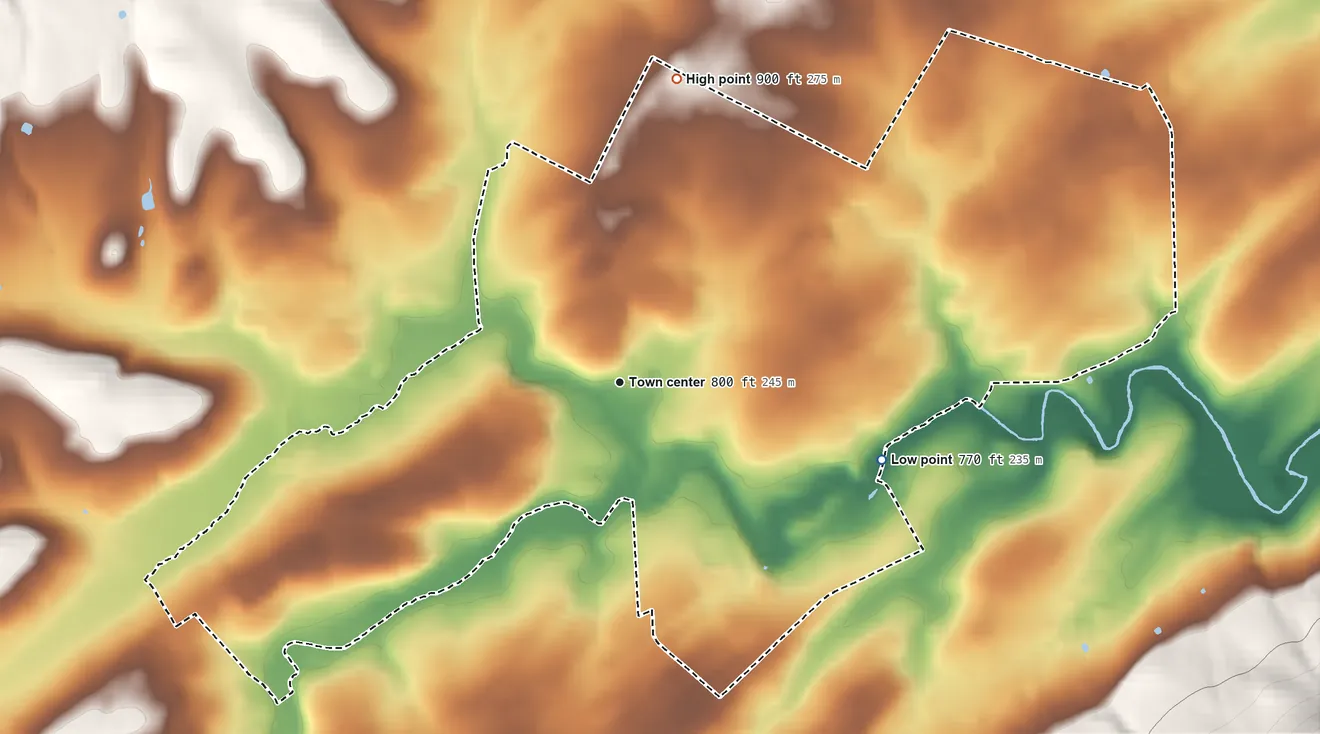 Topographic elevation map of Belleville, Pennsylvania, shaded from 770 ft on the east side to 900 ft at the foot of the Jacks Mountain