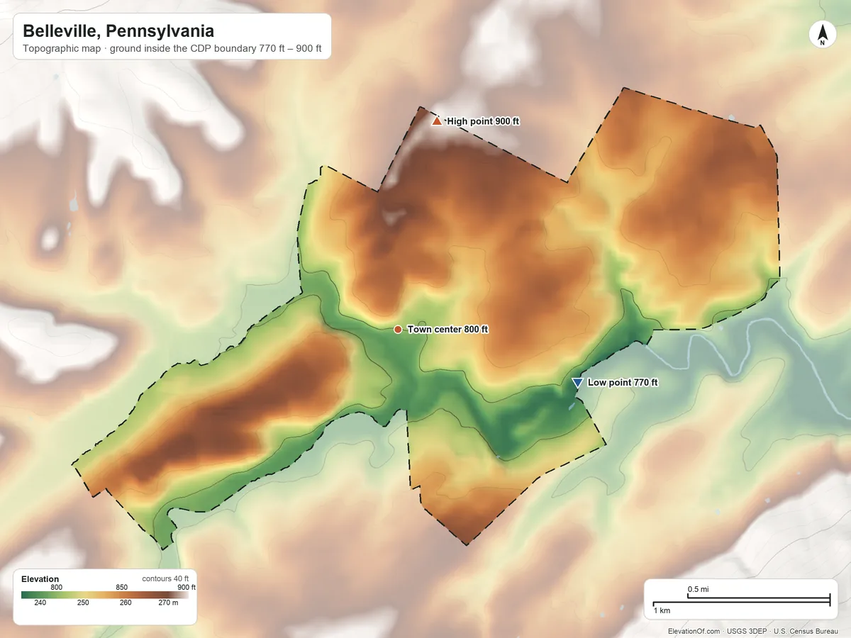 Topographic elevation map of Belleville, Pennsylvania, shaded from 770 ft on the east side to 900 ft at the foot of the Jacks Mountain
