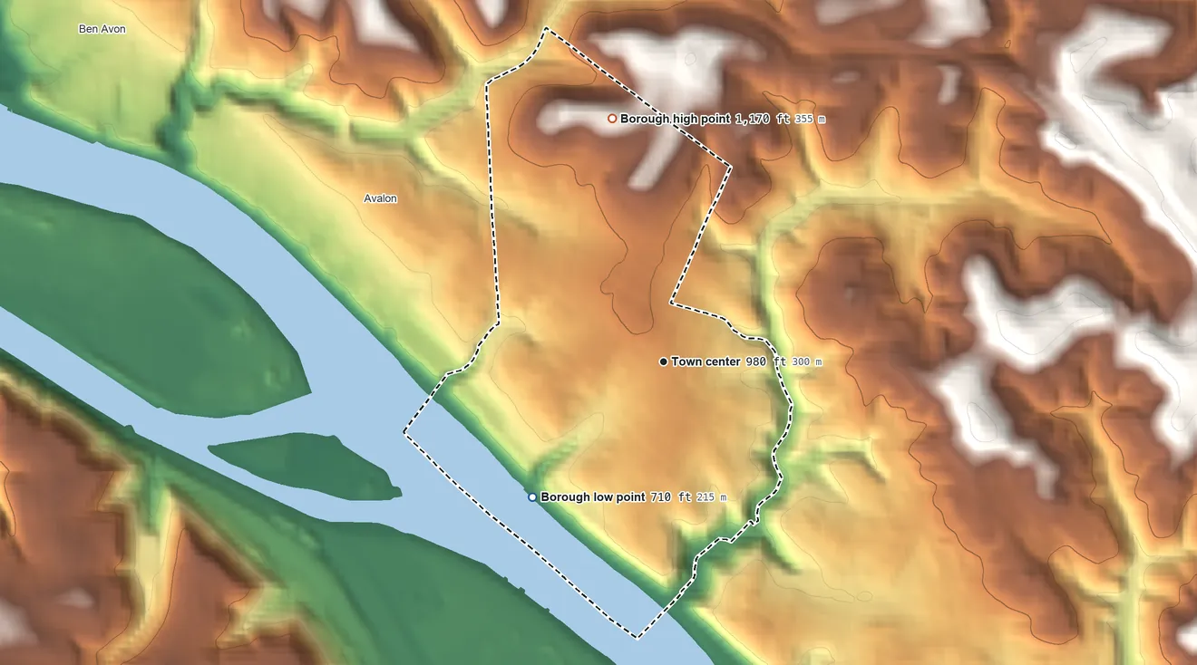 Topographic elevation map of Bellevue, Pennsylvania, shaded from 710 ft on the southwest side to 1,170 ft on the north side
