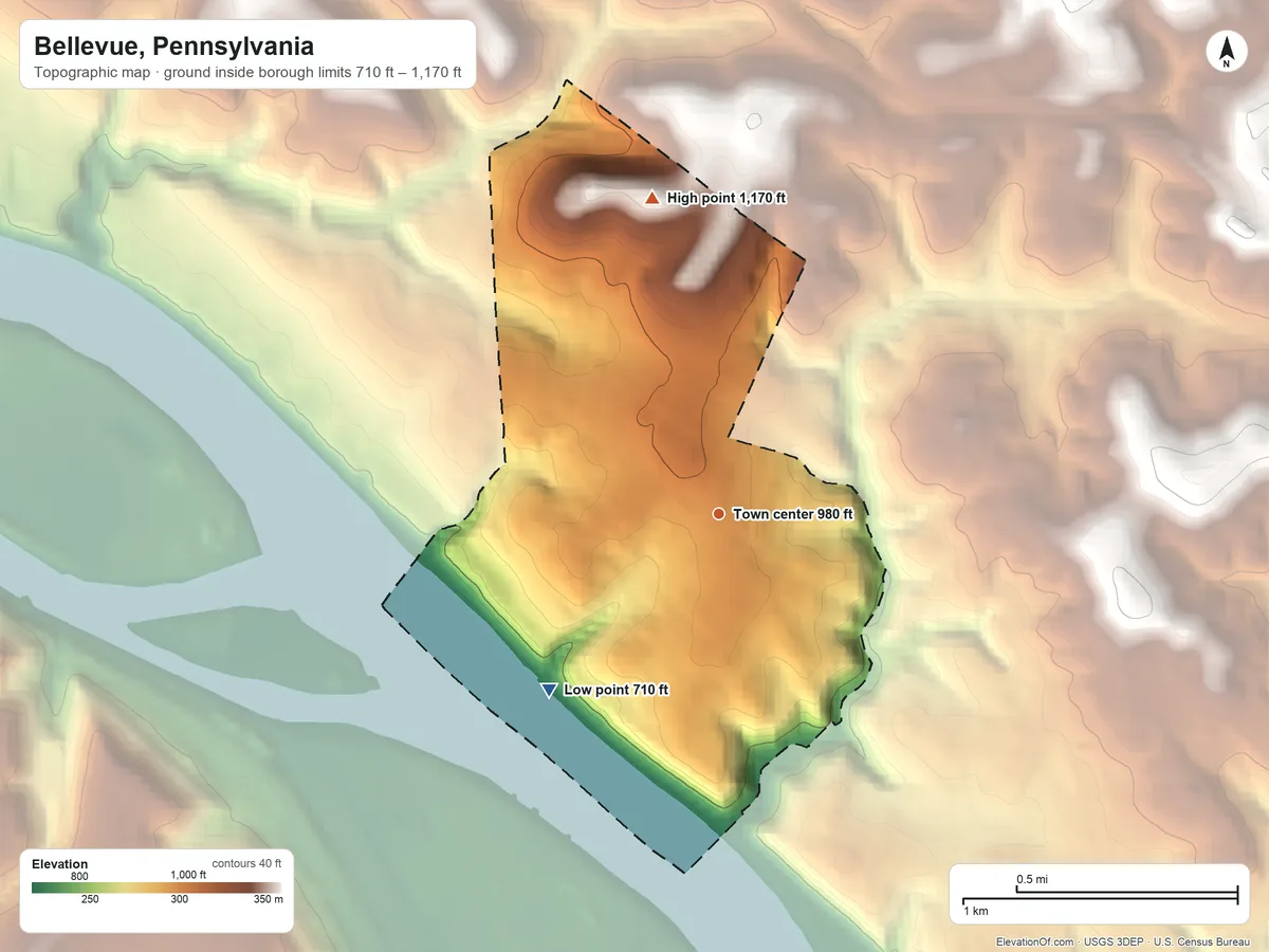 Topographic elevation map of Bellevue, Pennsylvania, shaded from 710 ft on the southwest side to 1,170 ft on the north side
