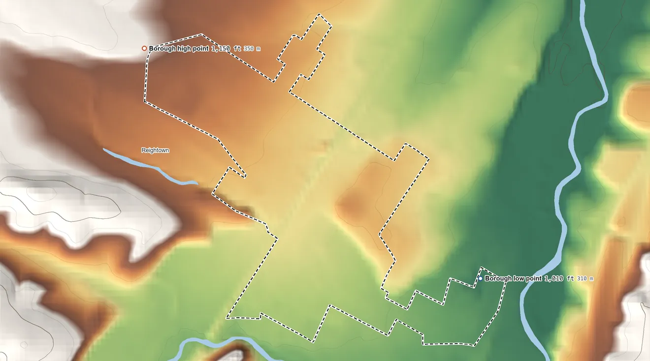 Topographic elevation map of Bellwood, Pennsylvania, shaded from 1,010 ft on the southeast side to 1,150 ft on the northwest edge, below higher ground just outside