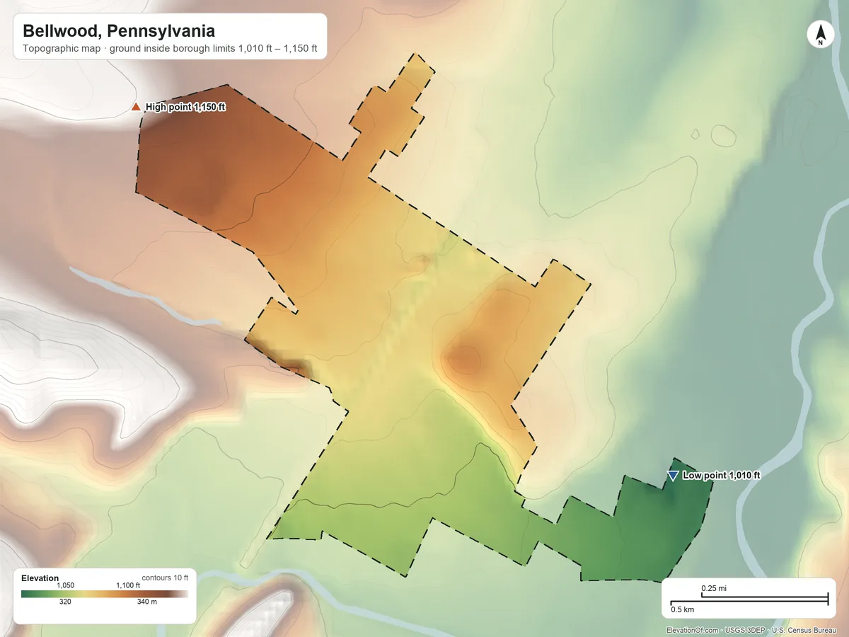 Topographic elevation map of Bellwood, Pennsylvania, shaded from 1,010 ft on the southeast side to 1,150 ft on the northwest edge, below higher ground just outside