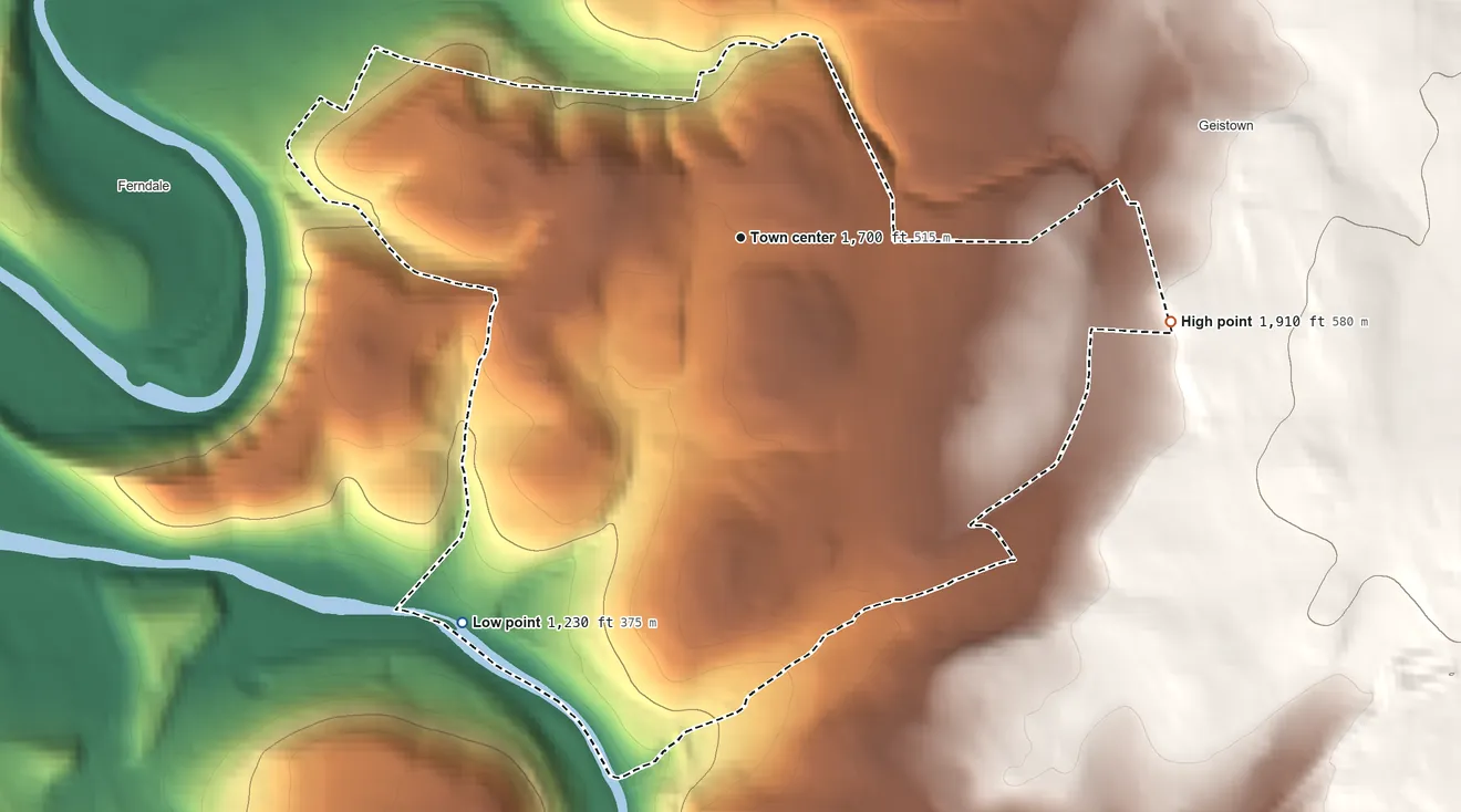Topographic elevation map of Belmont, Pennsylvania, shaded from 1,230 ft on the southwest side to 1,910 ft at the foot of the Laurel Hill
