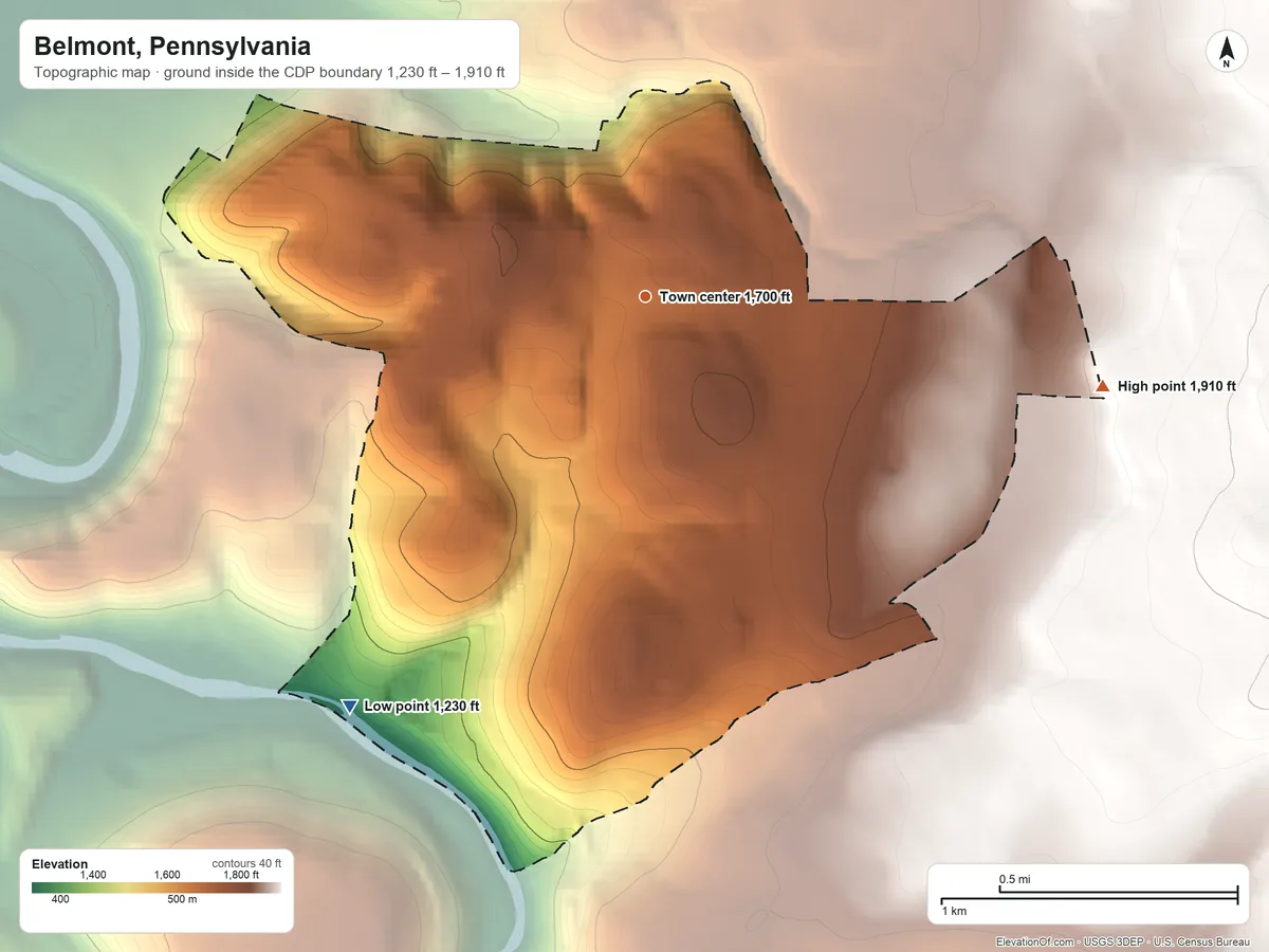 Topographic elevation map of Belmont, Pennsylvania, shaded from 1,230 ft on the southwest side to 1,910 ft at the foot of the Laurel Hill