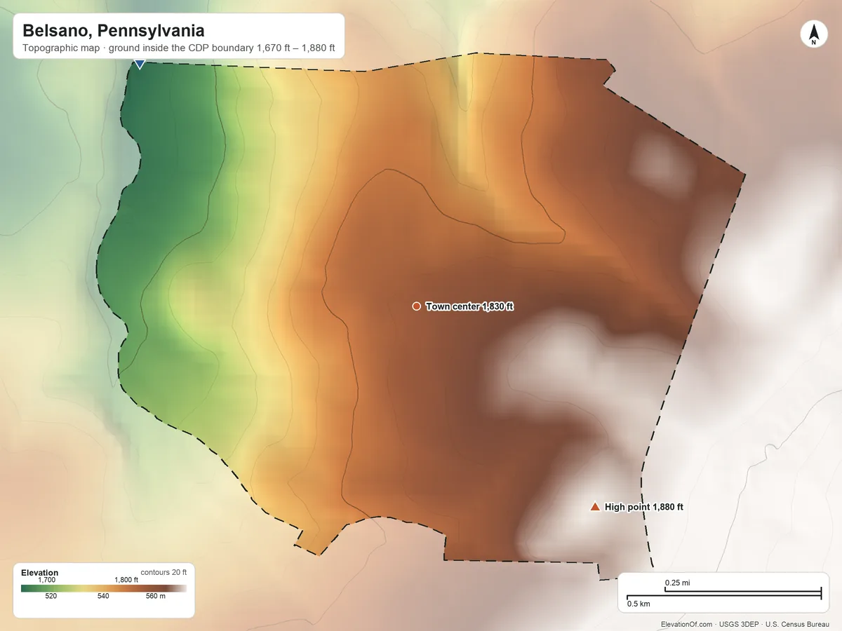Topographic elevation map of Belsano, Pennsylvania, shaded from 1,670 ft on the northwest side to 1,880 ft on the southeast edge, below higher ground just outside