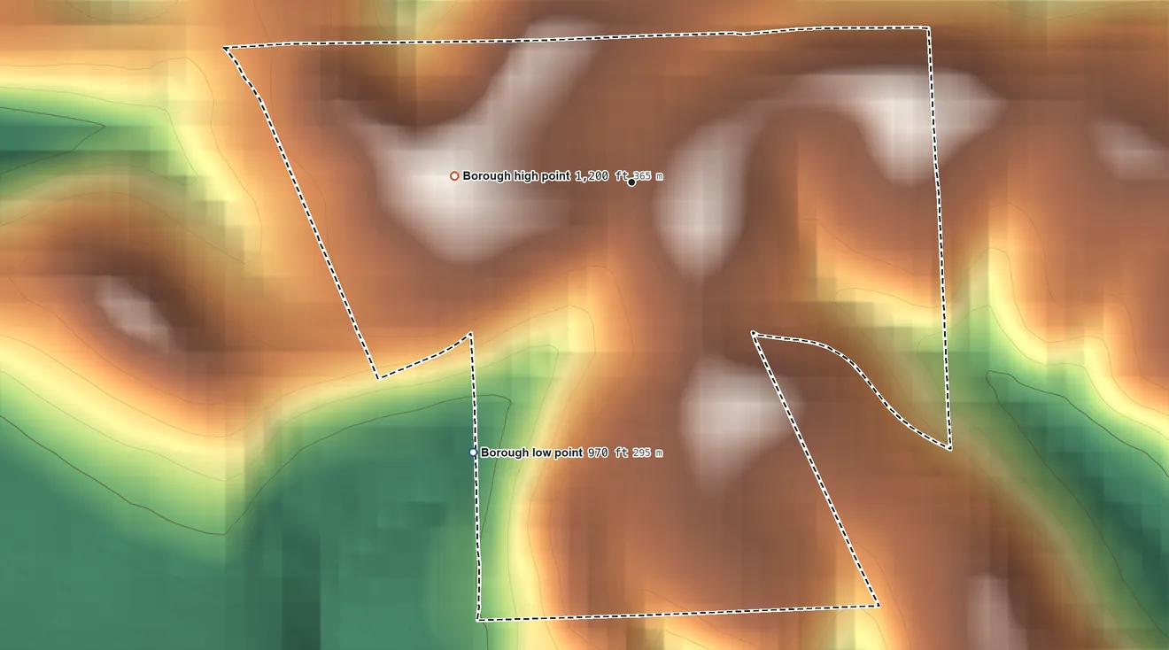 Topographic elevation map of Ben Avon Heights, Pennsylvania, shaded from 970 ft on the southwest side to 1,200 ft on the west side