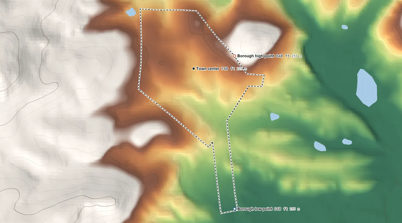 Topographic elevation map of Bendersville, Pennsylvania, shaded from 640 ft on the south side to 840 ft on the east edge, below higher ground just outside