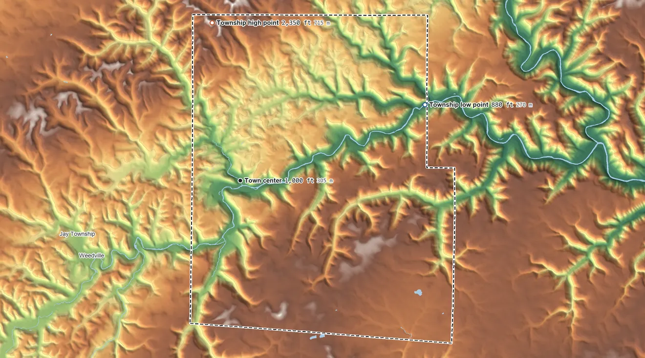 Topographic elevation map of Benezette Township, Pennsylvania, shaded from 880 ft on the east side to 2,350 ft on the north side