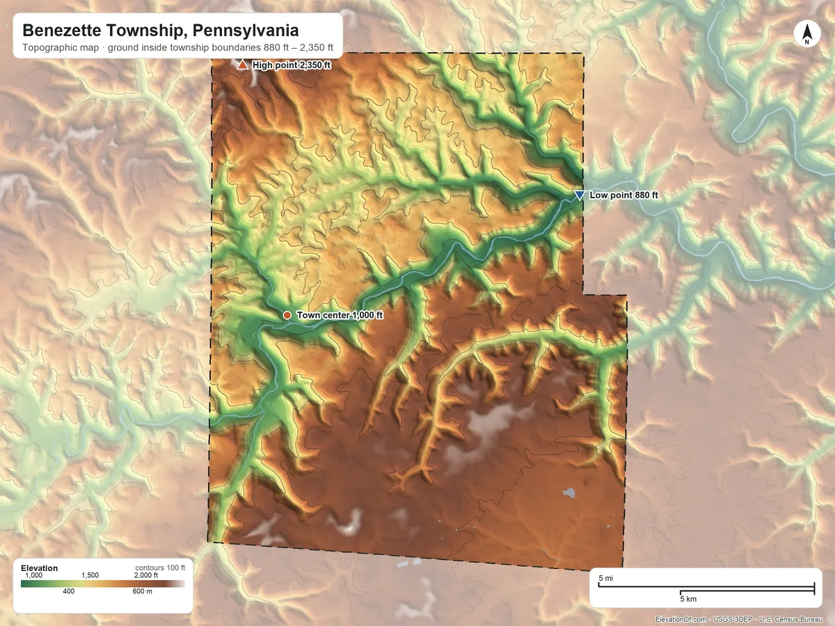 Topographic elevation map of Benezette Township, Pennsylvania, shaded from 880 ft on the east side to 2,350 ft on the north side