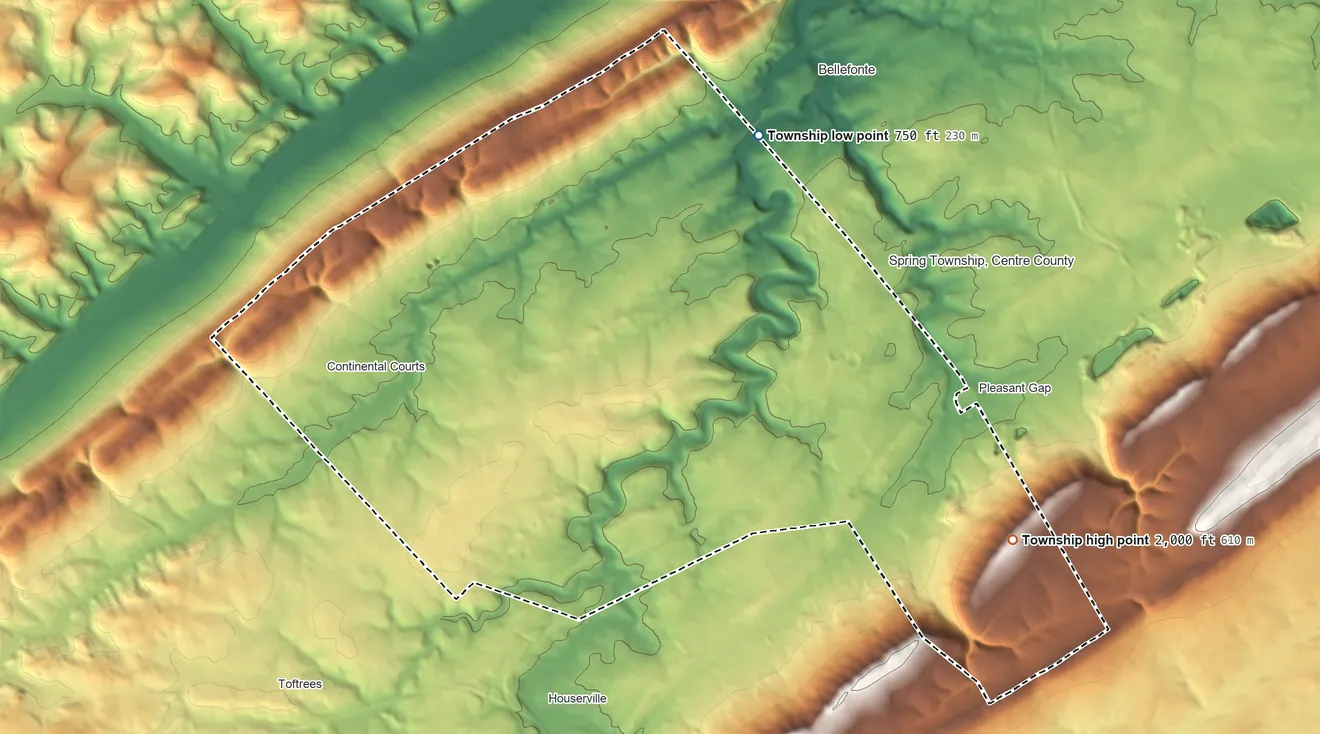 Topographic elevation map of Benner Township, Pennsylvania, shaded from 750 ft on the north side to 2,000 ft on the southeast side