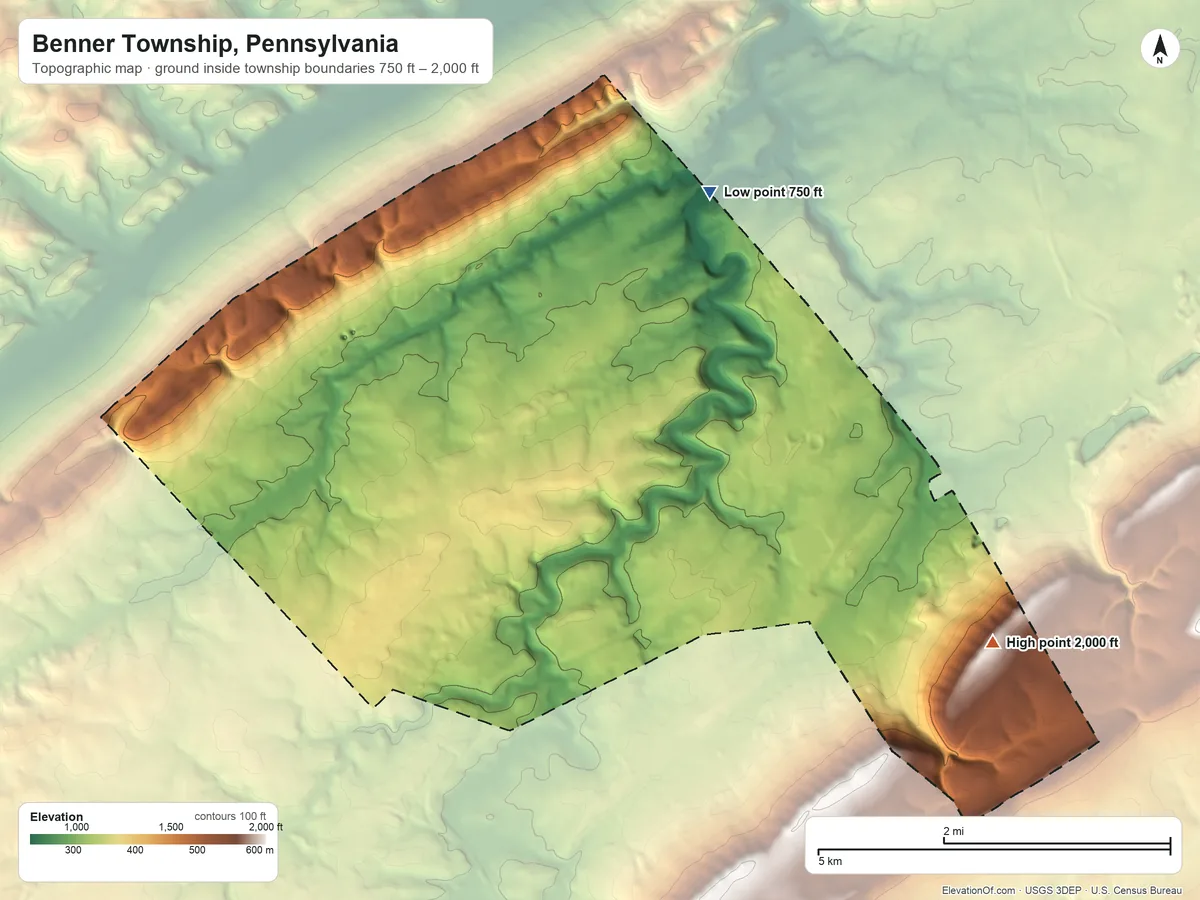 Topographic elevation map of Benner Township, Pennsylvania, shaded from 750 ft on the north side to 2,000 ft on the southeast side