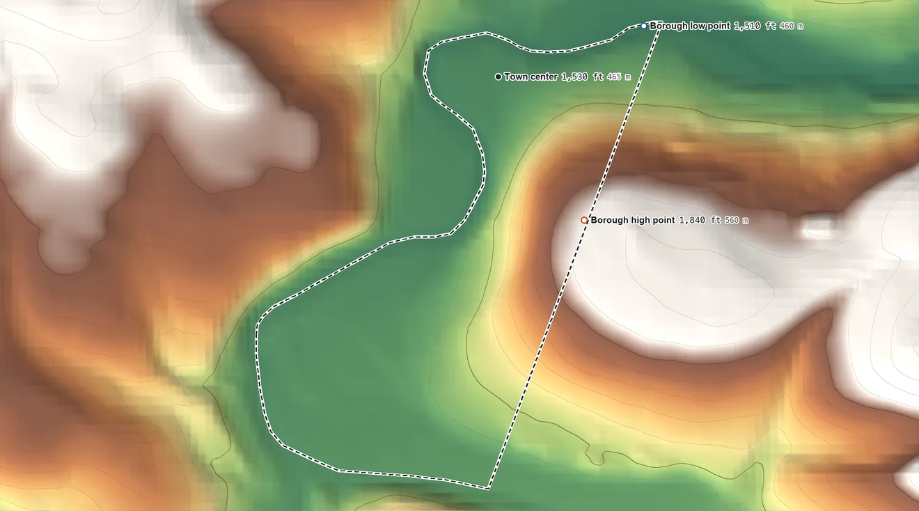 Topographic elevation map of Benson, Pennsylvania, shaded from 1,510 ft on the east side to 1,840 ft on the southeast side