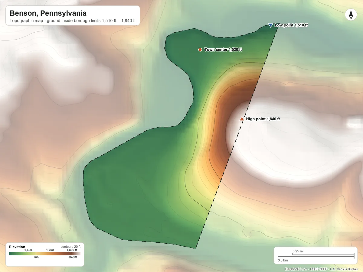 Topographic elevation map of Benson, Pennsylvania, shaded from 1,510 ft on the east side to 1,840 ft on the southeast side